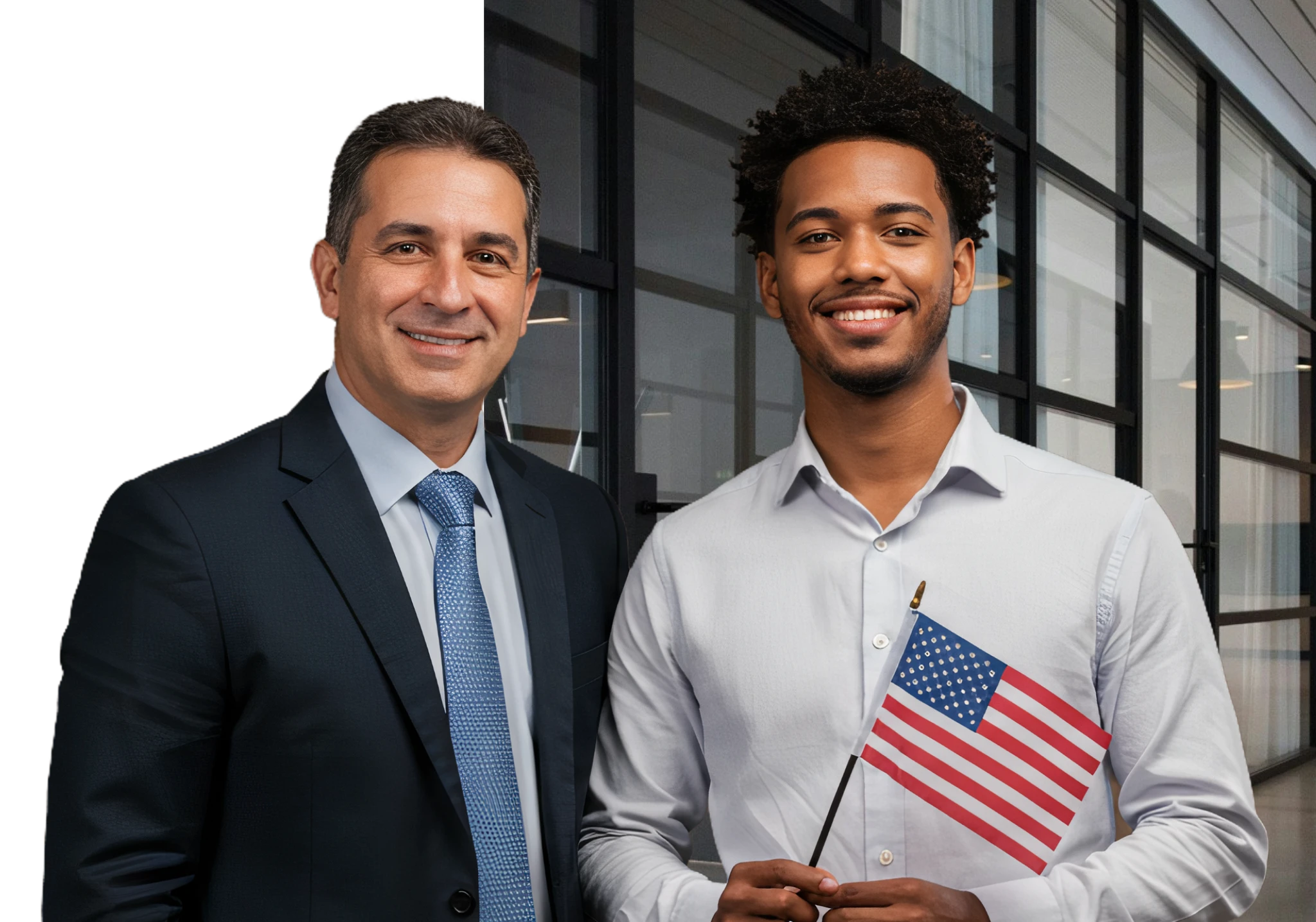 Empresário e funcionário sorridentes segurando uma pequena bandeira dos EUA