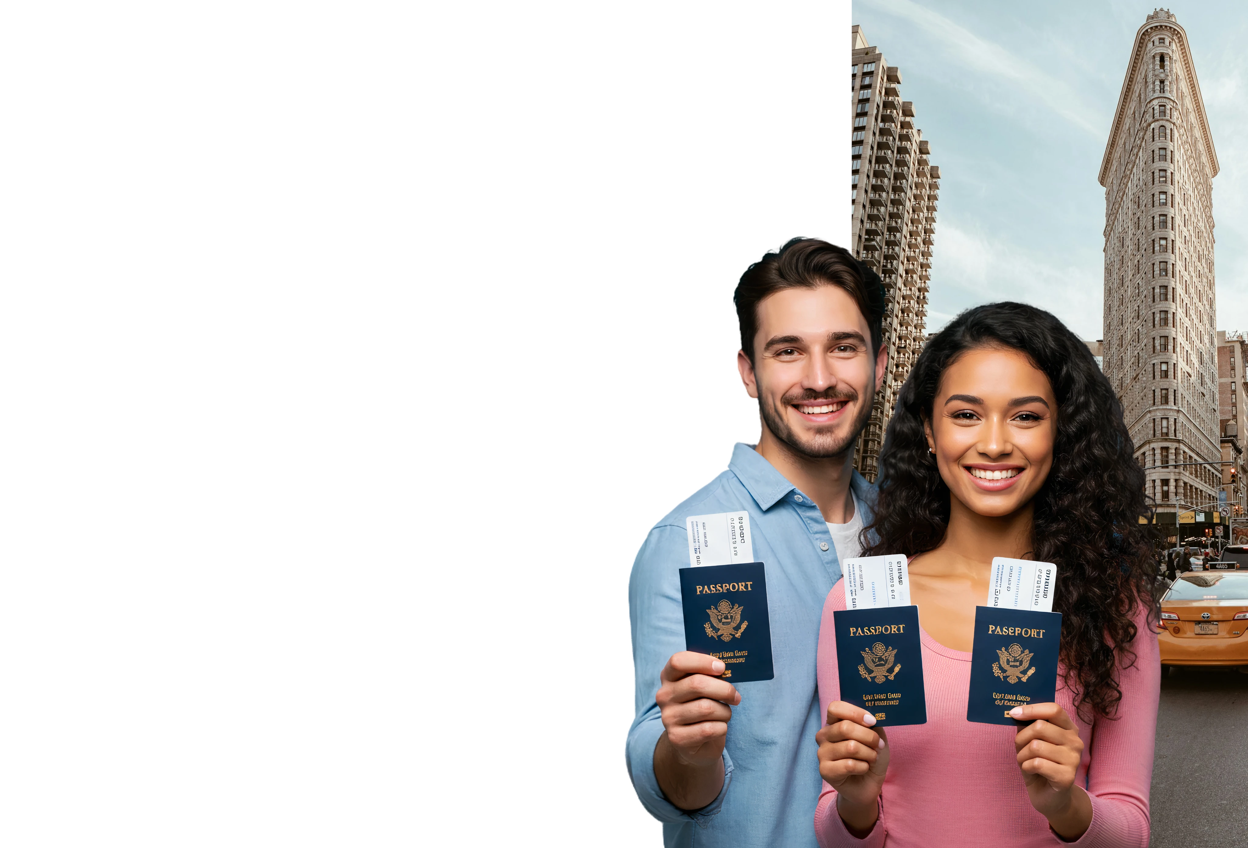 Casal sorridente segurando passaportes e passagens em frente ao edifício Flatiron em Nova York