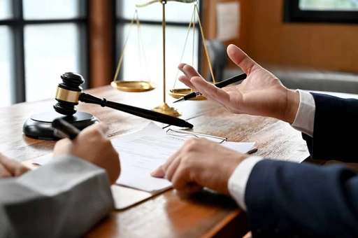 Advogado assinando documentos em uma mesa