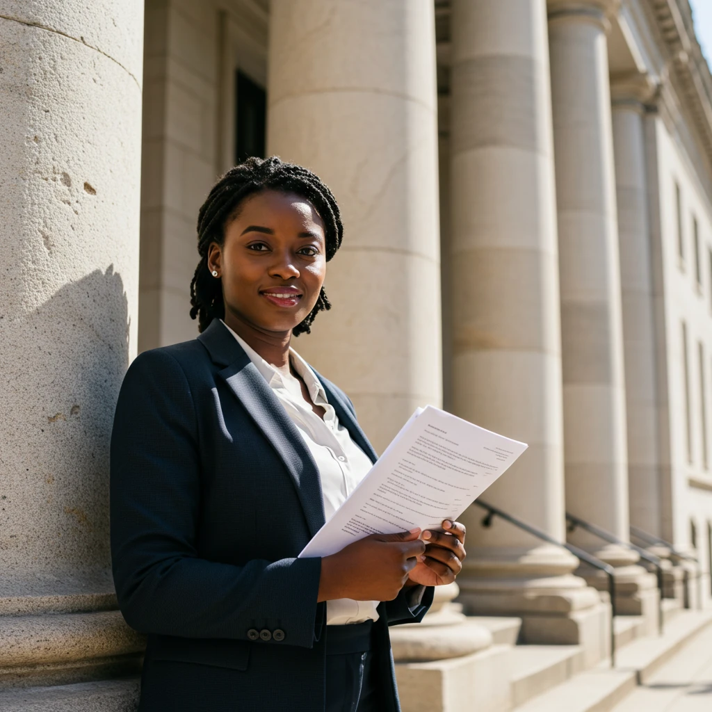 Mulher sorridente em frente a um prédio institucional