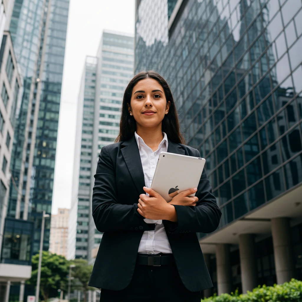 Profissional em traje executivo em frente a prédios corporativos