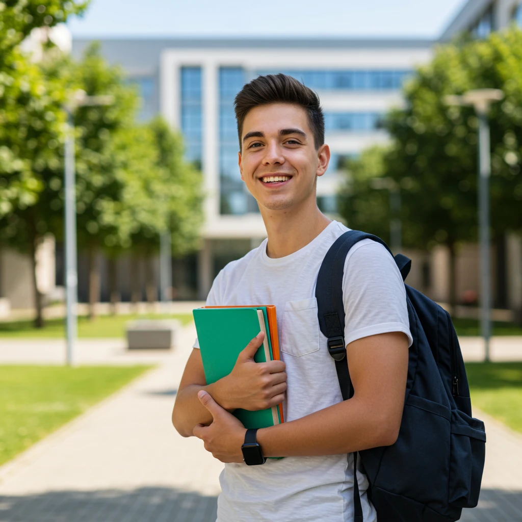 Estudante sorridente com livros em um campus universitário